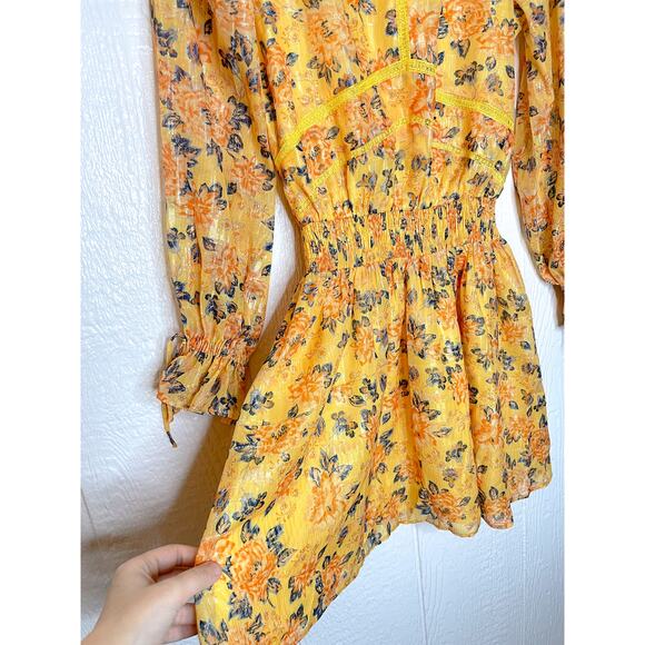 TULAROSA Camden Metallic Yellow Floral Ruffle Long Sleeve Dress SMALL - Picture 10 of 13
